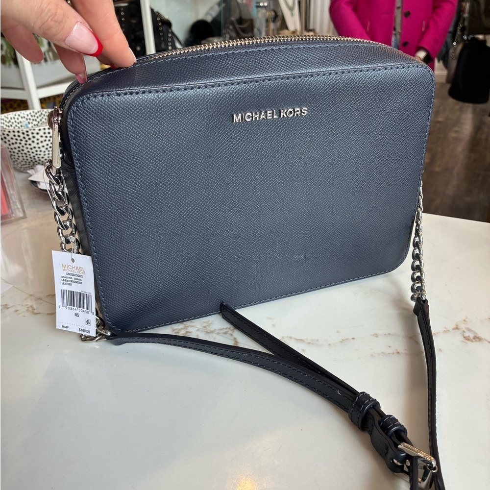 Michael Kors steel blue crossbody with silver detail NWT